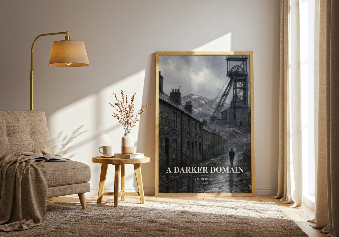 A Darker Domain watercolour print in frame leaning in hallway – crime wall art