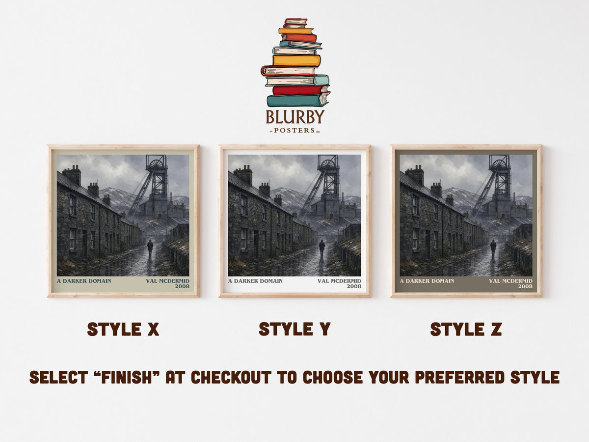 A Darker Domain literary print in frame leaning in hallway – crime wall art (mockup)