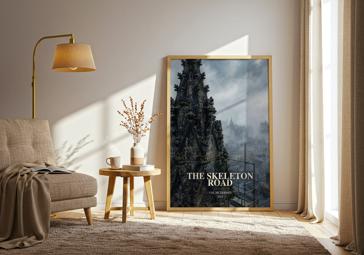 The Skeleton Road watercolour print in frame leaning in hallway – crime wall art (mockup)