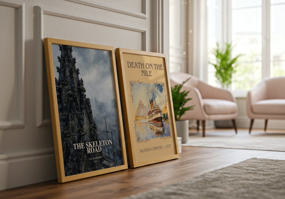 The Skeleton Road watercolour print framed by window – literary home decor