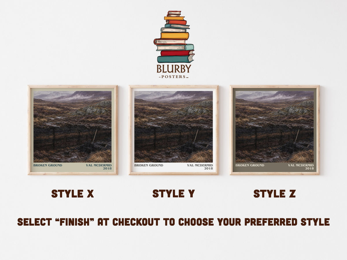 Broken Ground literary print in frame leaning in hallway – crime wall art (mockup)