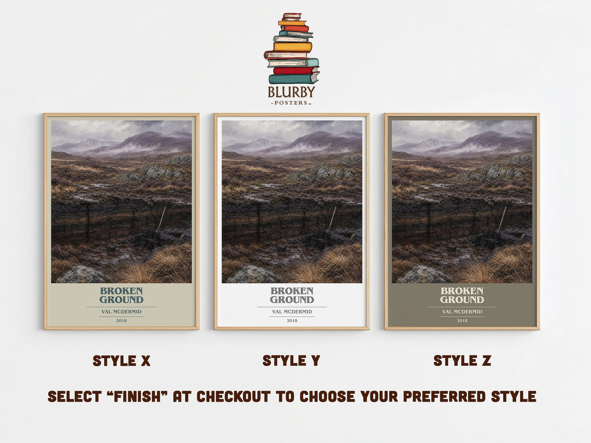 Broken Ground book cover print in frame leaning in hallway – crime wall art (mockup)