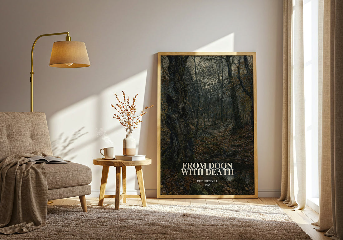 From Doon with Death watercolour print in frame leaning in hallway – crime wall art (mockup)