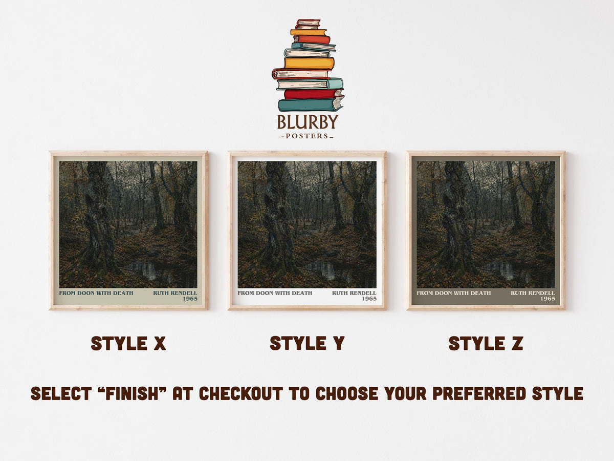 From Doon with Death literary print in frame leaning in hallway – crime wall art (mockup)