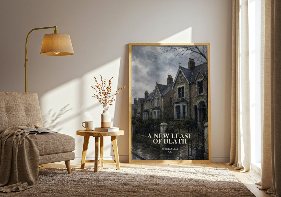 A New Lease of Death watercolour print in frame leaning in hallway – crime wall art (mockup)