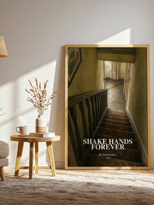 Shake Hands Forever watercolour print in frame leaning in hallway – crime wall art