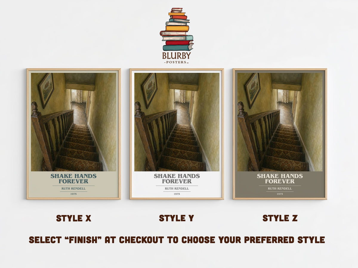 Shake Hands Forever book cover print in frame leaning in hallway – crime wall art (mockup)