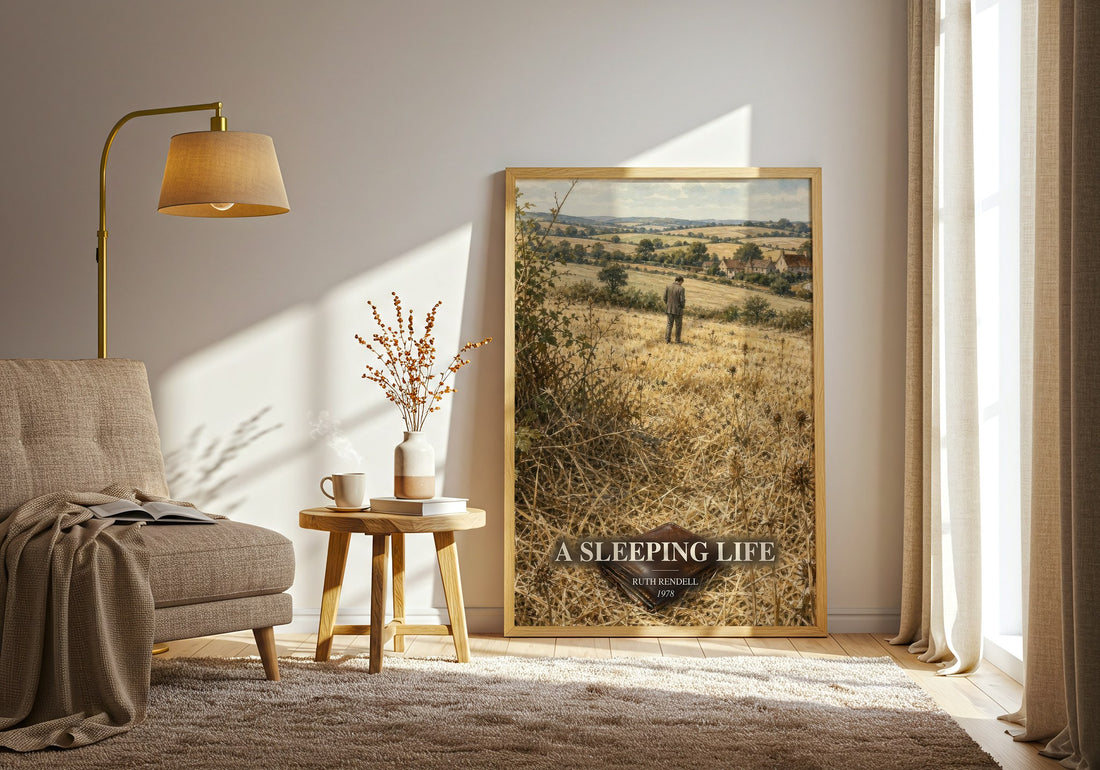 A Sleeping Life watercolour print in frame leaning in hallway – mystery wall art (mockup)