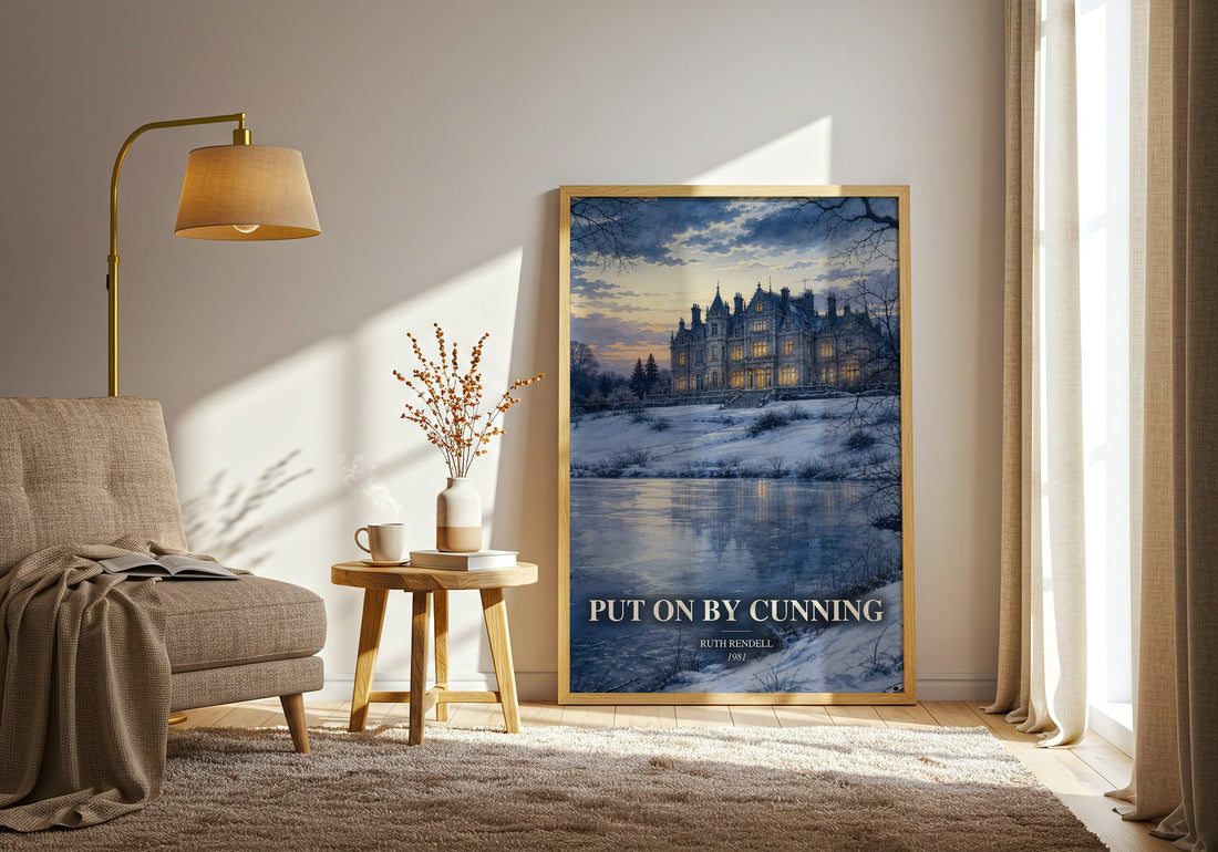 Put On by Cunning watercolour print in frame leaning in hallway – crime wall art (mockup)