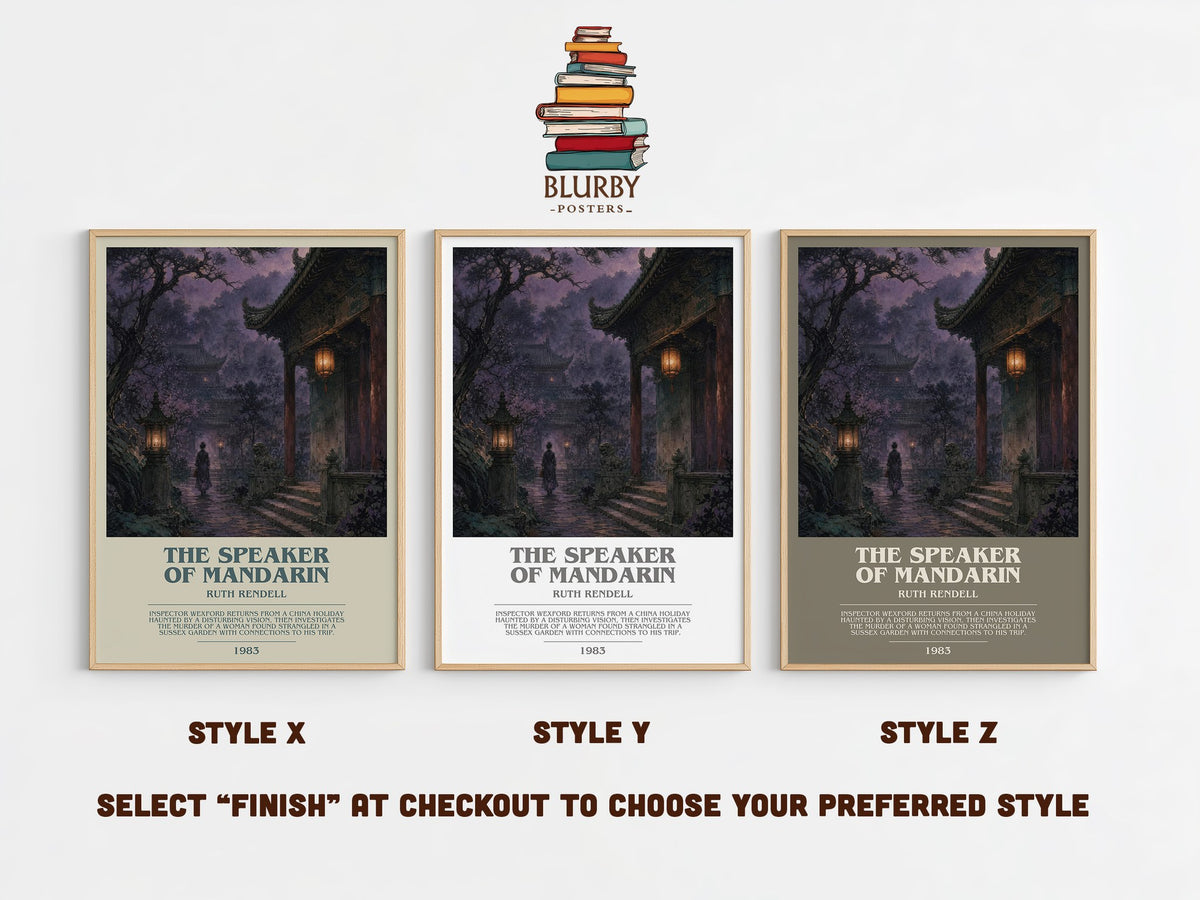 The Speaker of Mandarin bookish print in frame leaning in hallway – crime wall art (mockup)
