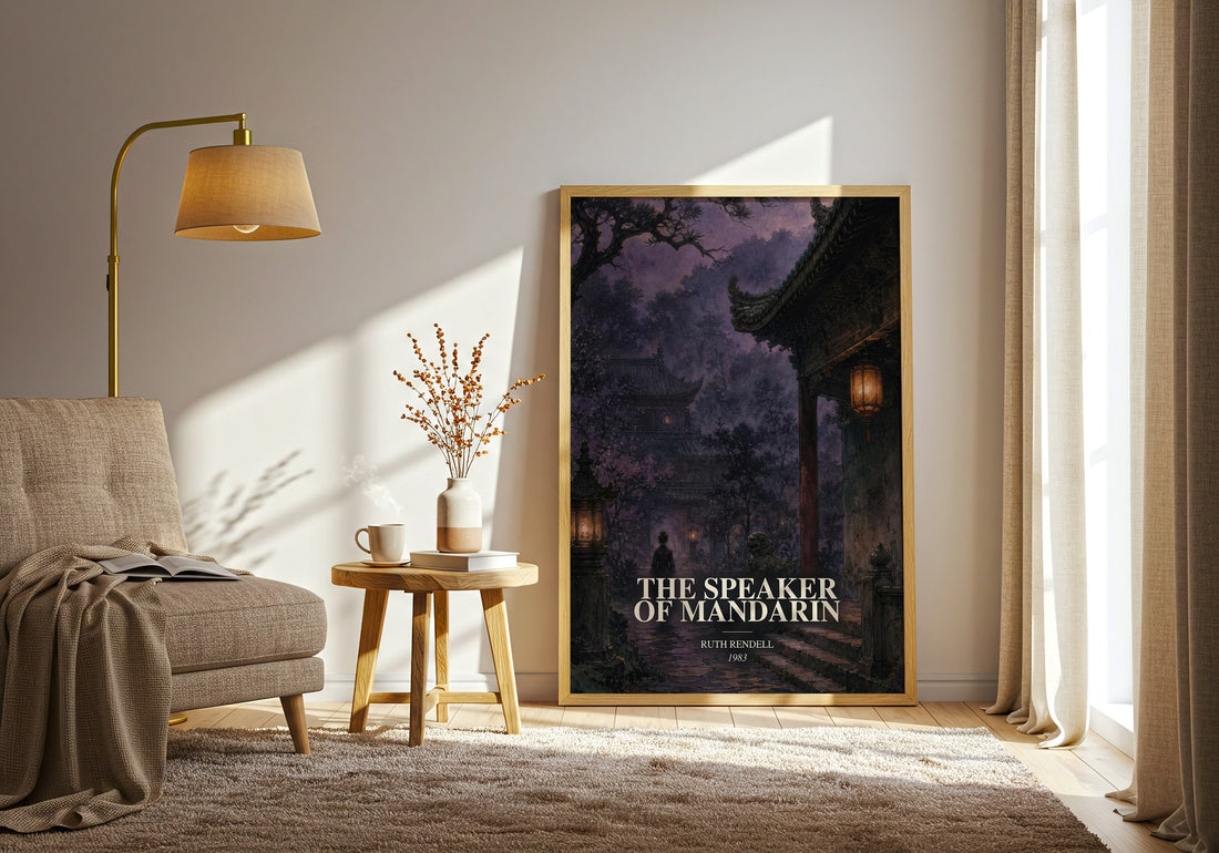 The Speaker of Mandarin watercolour print in frame leaning in hallway – crime wall art (mockup)