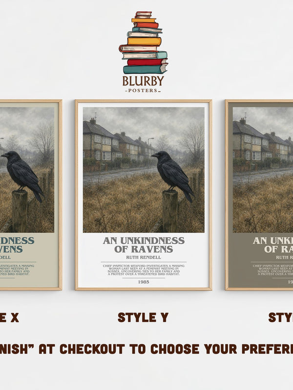 An Unkindness of Ravens bookish print in frame leaning in hallway – crime wall art