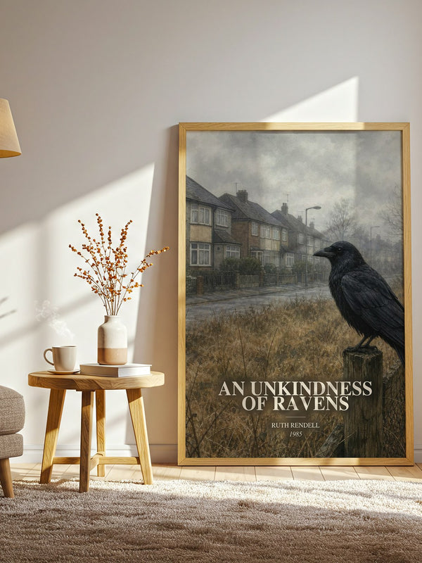 An Unkindness of Ravens watercolour print in frame leaning in hallway – crime wall art