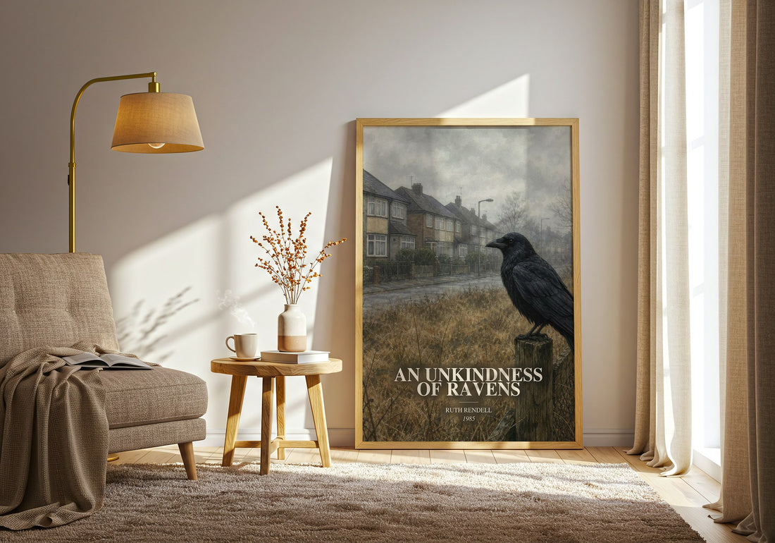 An Unkindness of Ravens watercolour print in frame leaning in hallway – crime wall art (mockup)
