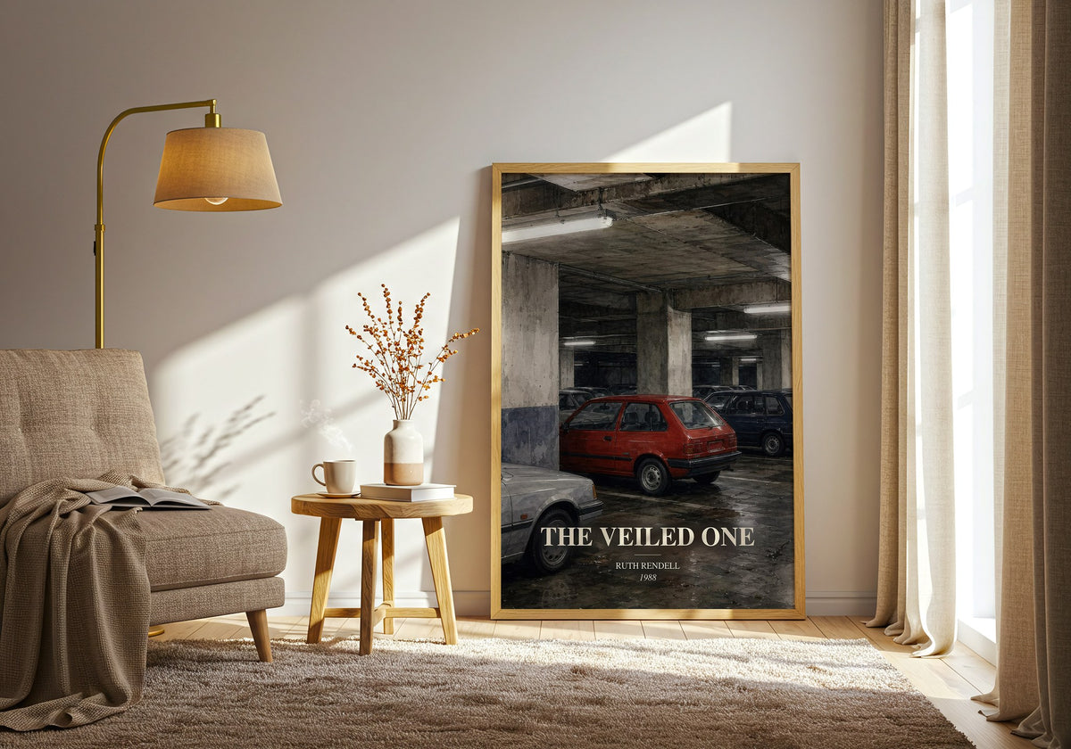 The Veiled One watercolour print in frame leaning in hallway – crime wall art (mockup)