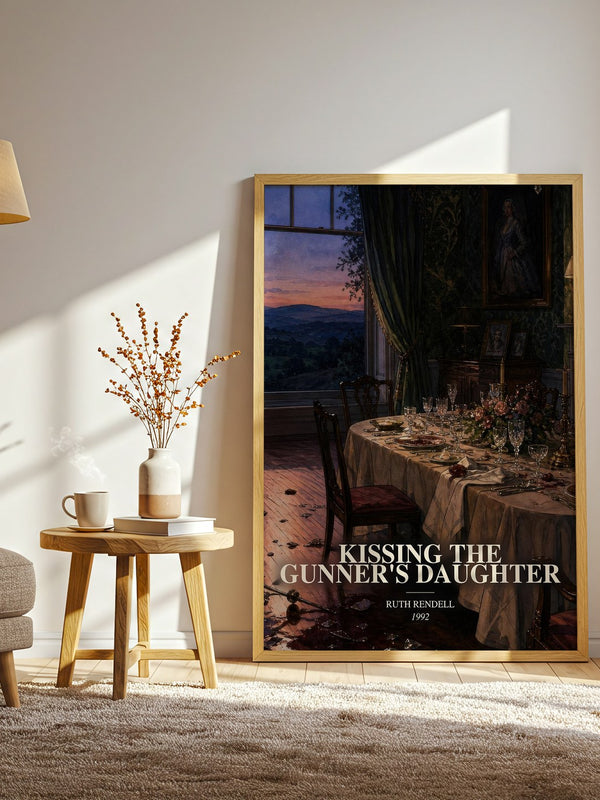 Kissing the Gunner's Daughter watercolour print in frame leaning in hallway – crime wall art