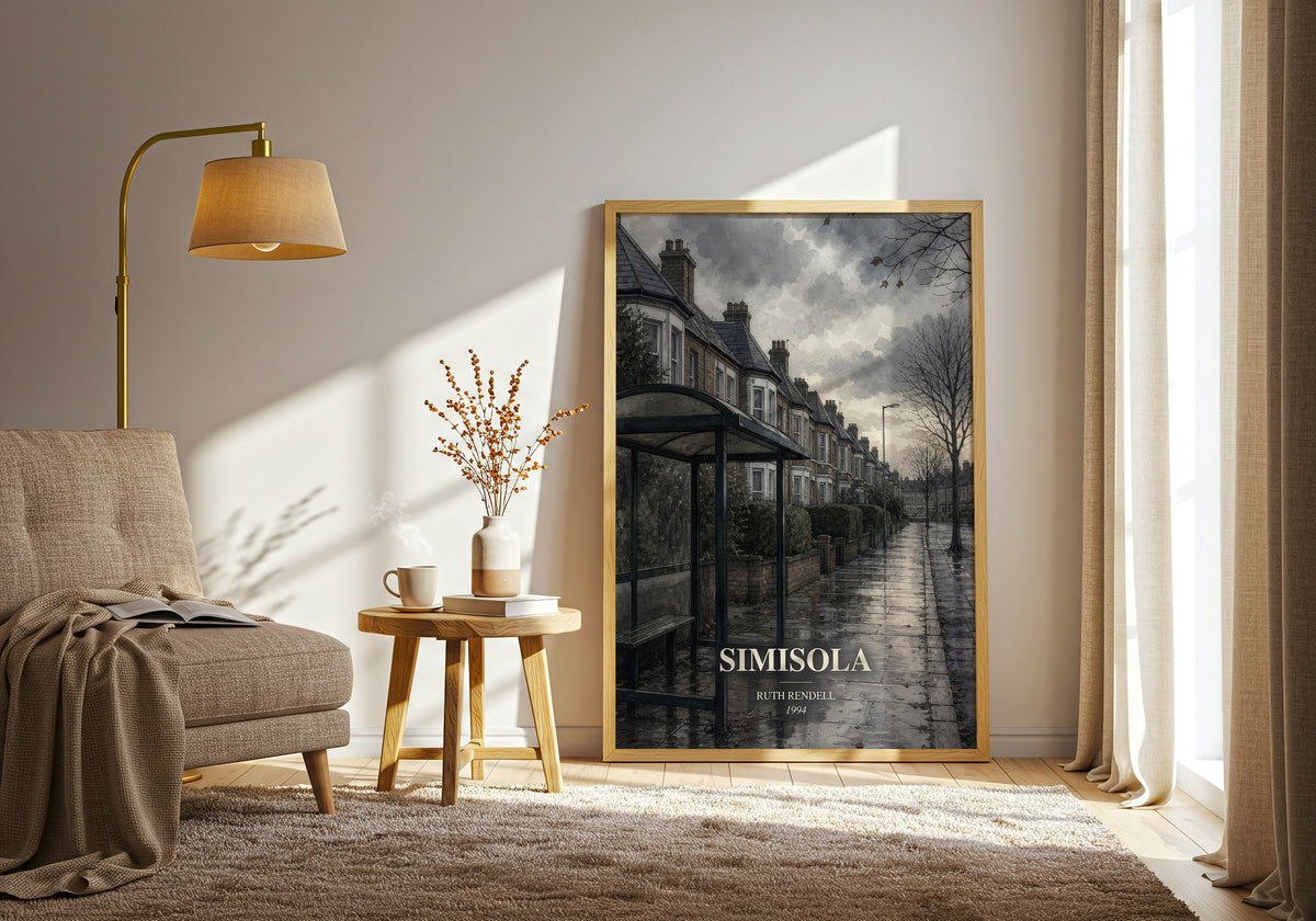 Simisola watercolour print in frame leaning in hallway – crime wall art (mockup)