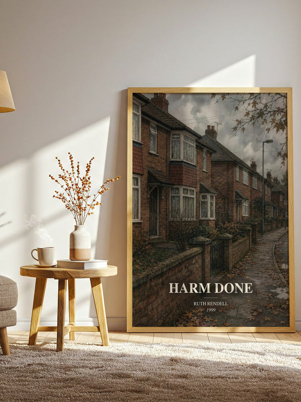 Harm Done watercolour print in frame leaning in hallway – crime wall art