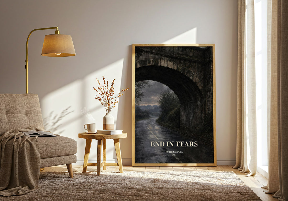 End in Tears watercolour print in frame leaning in hallway – crime wall art (mockup)