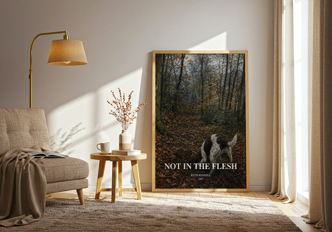 Not in the Flesh watercolour print in frame leaning in hallway – crime wall art (mockup)