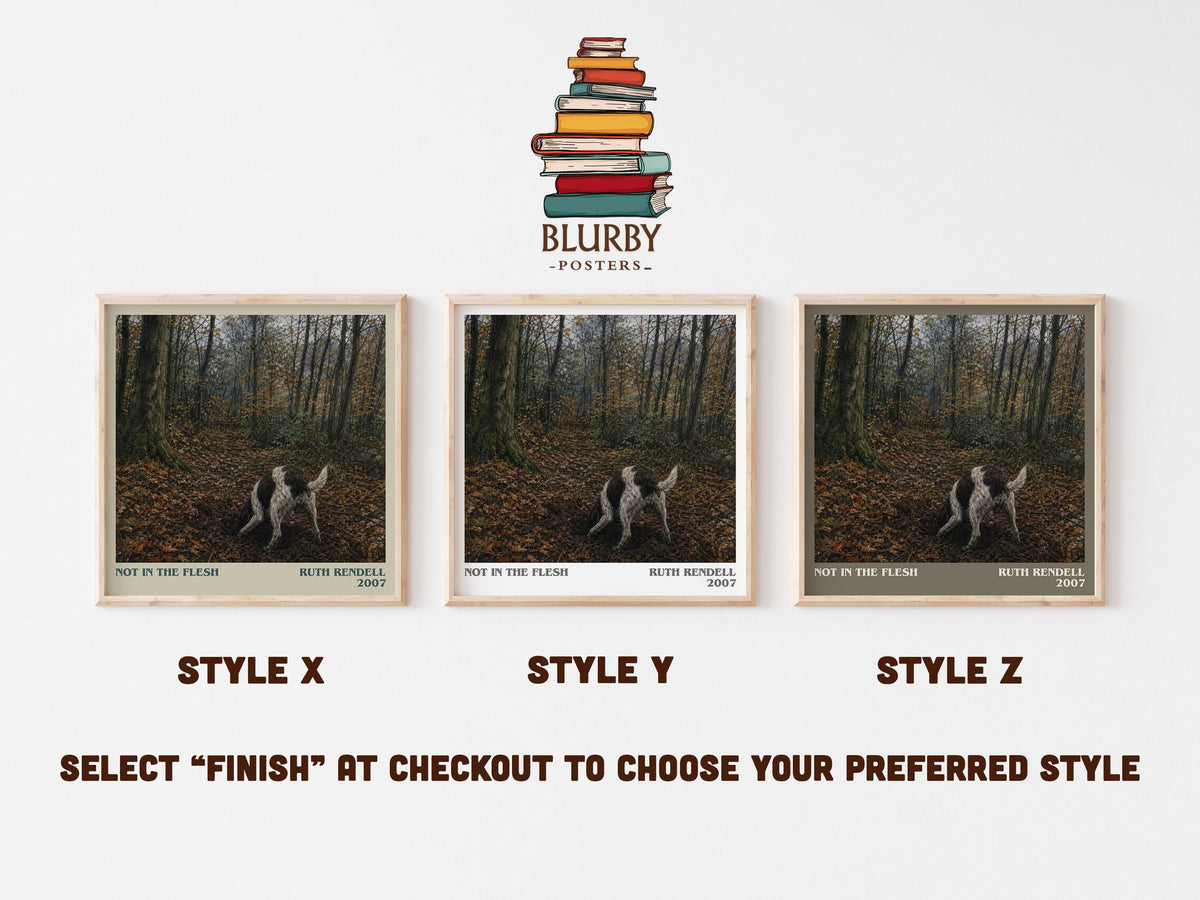 Not in the Flesh literary print in frame leaning in hallway – crime wall art (mockup)