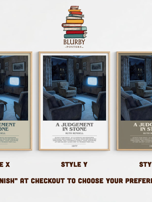 A Judgement in Stone bookish print in frame leaning in hallway – crime wall art