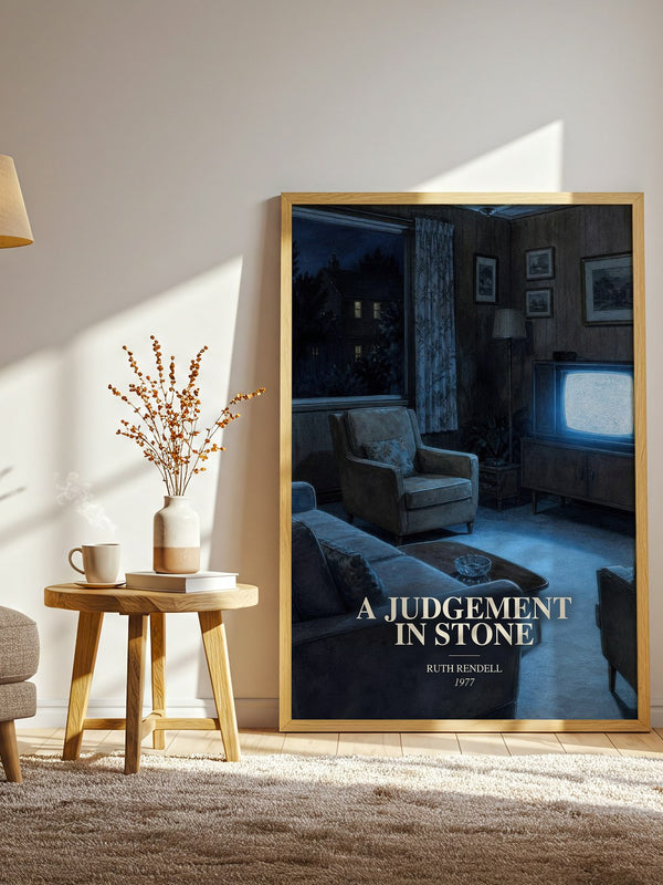 A Judgement in Stone watercolour print in frame leaning in hallway – crime wall art