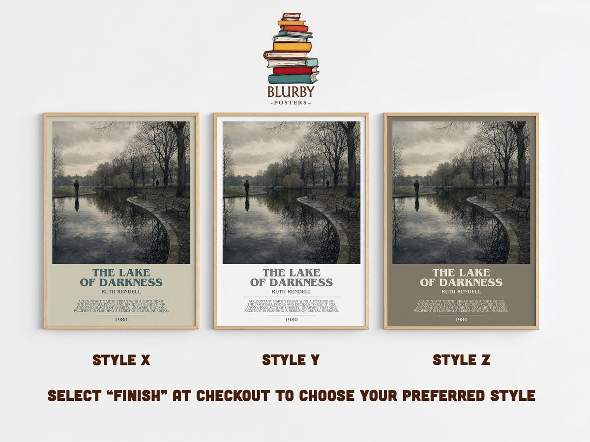The Lake of Darkness bookish print in frame leaning in hallway – crime wall art (mockup)
