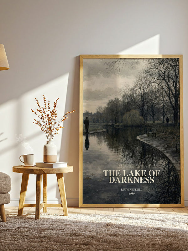 The Lake of Darkness watercolour print in frame leaning in hallway – crime wall art