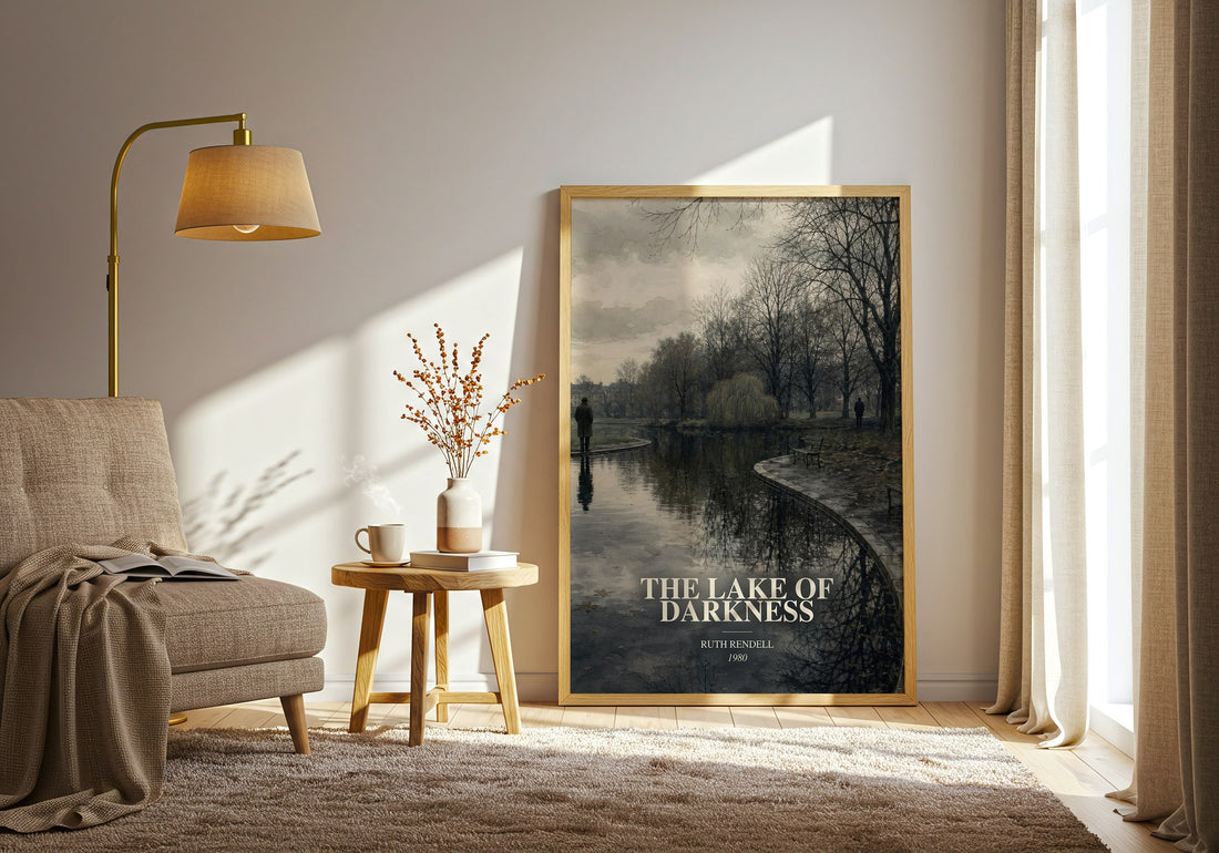 The Lake of Darkness watercolour print in frame leaning in hallway – crime wall art (mockup)