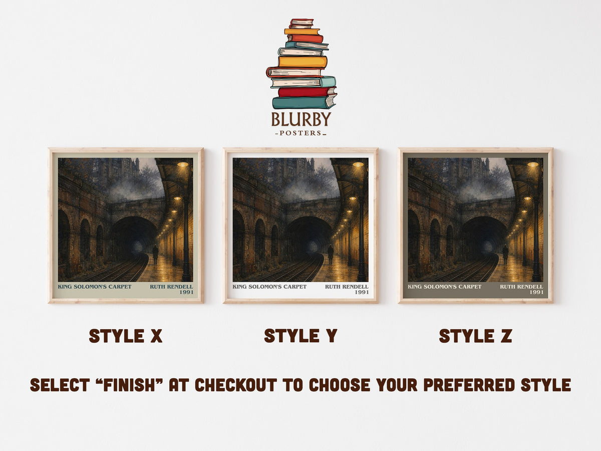 King Solomon's Carpet literary print in frame leaning in hallway – crime wall art (mockup)