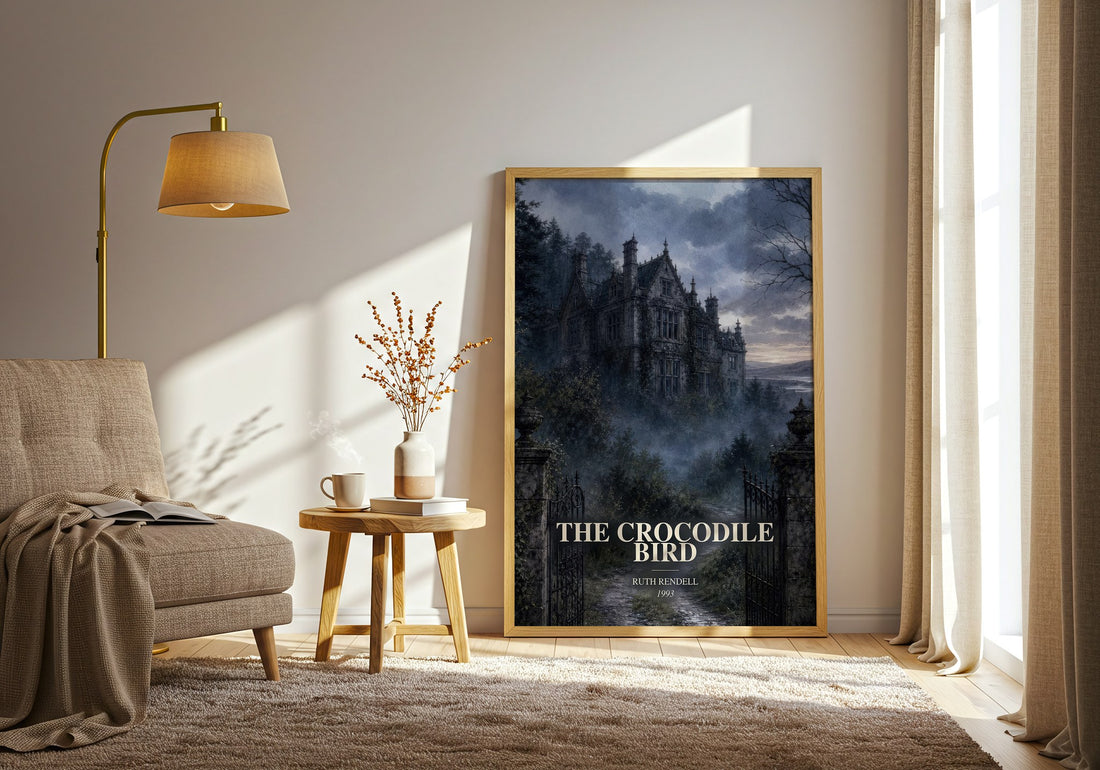 The Crocodile Bird watercolour print in frame leaning in hallway – crime wall art (mockup)