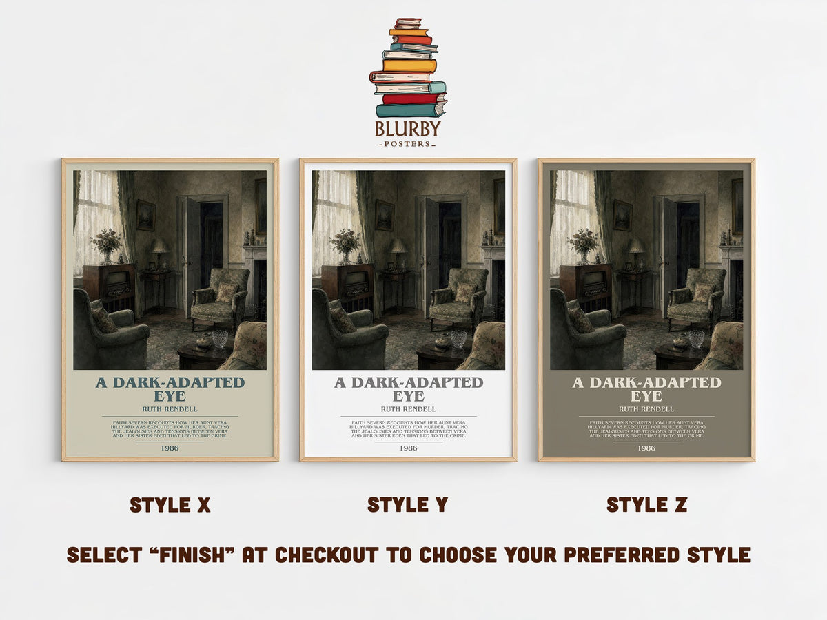 A Dark-Adapted Eye bookish print in frame leaning in hallway – crime wall art (mockup)