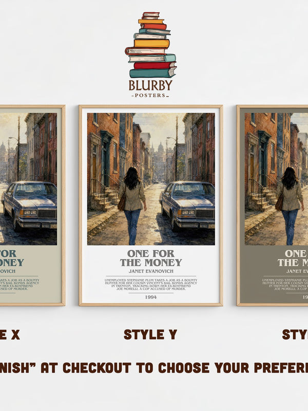 One for the Money bookish print in frame leaning in hallway – crime wall art