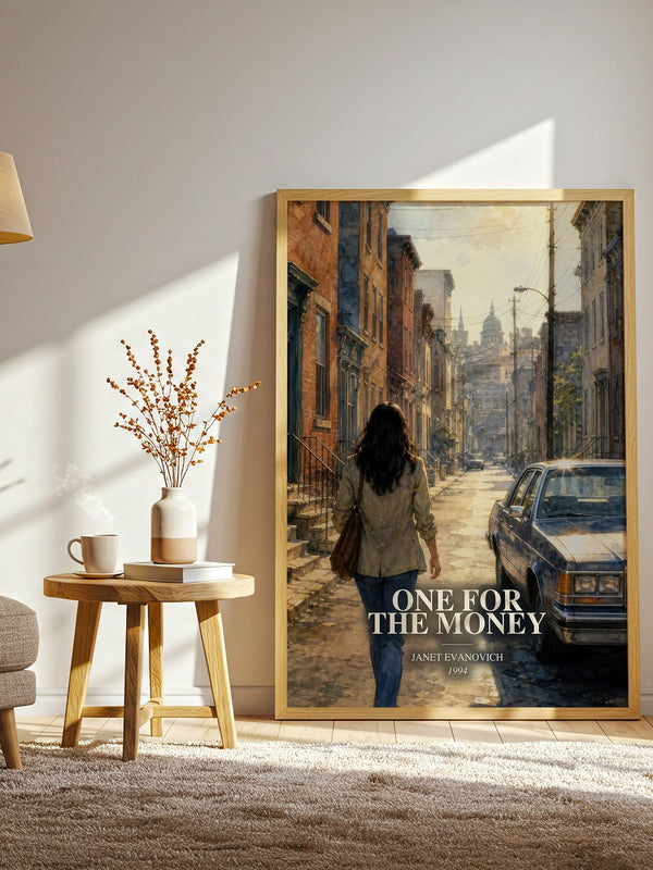 One for the Money watercolour print in frame leaning in hallway – crime wall art