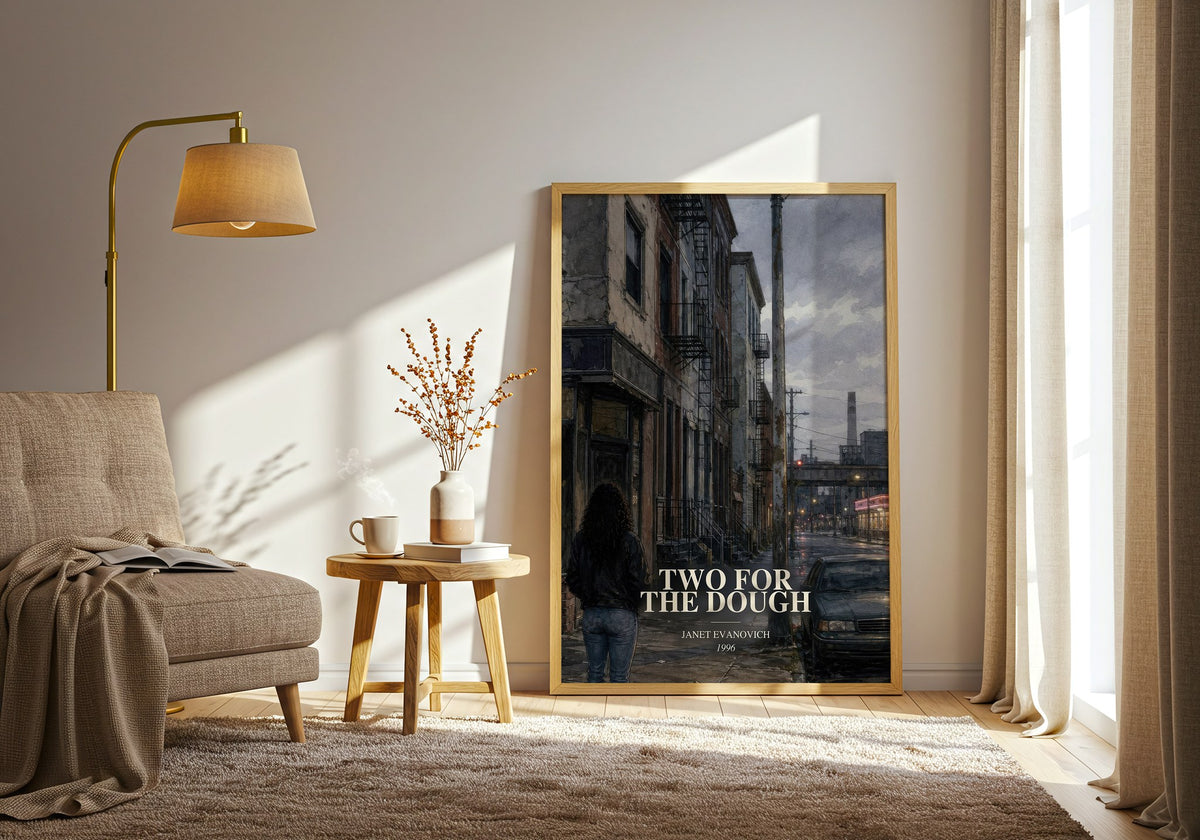 Two for the Dough watercolour print in frame leaning in hallway – mystery wall art (mockup)