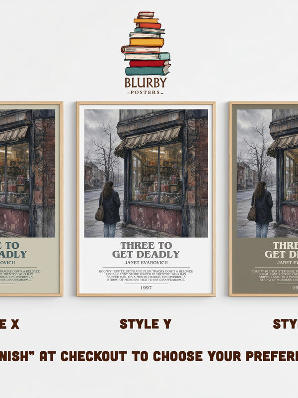 Three to Get Deadly bookish print in frame leaning in hallway – mystery wall art