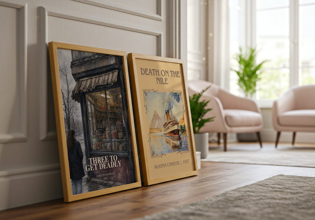 Three to Get Deadly watercolour print framed by window – literary home decor