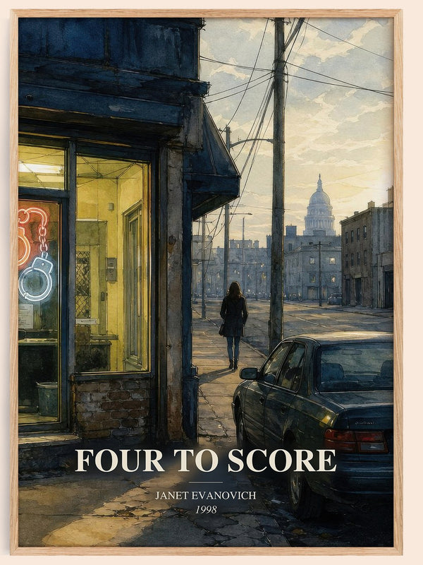 Four to Score watercolour book poster by Janet Evanovich – framed literary art print