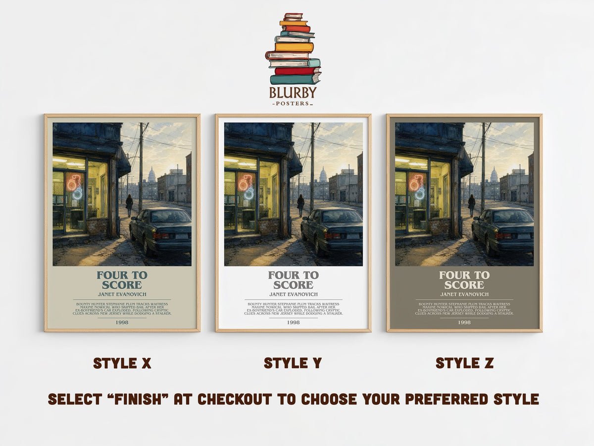 Four to Score bookish print in frame leaning in hallway – mystery wall art (mockup)