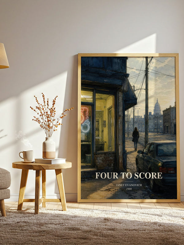 Four to Score watercolour print in frame leaning in hallway – mystery wall art