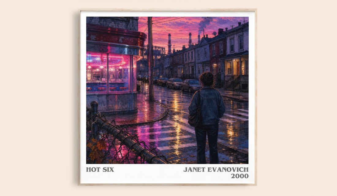 Hot Six literary book poster by Janet Evanovich – framed literary art print