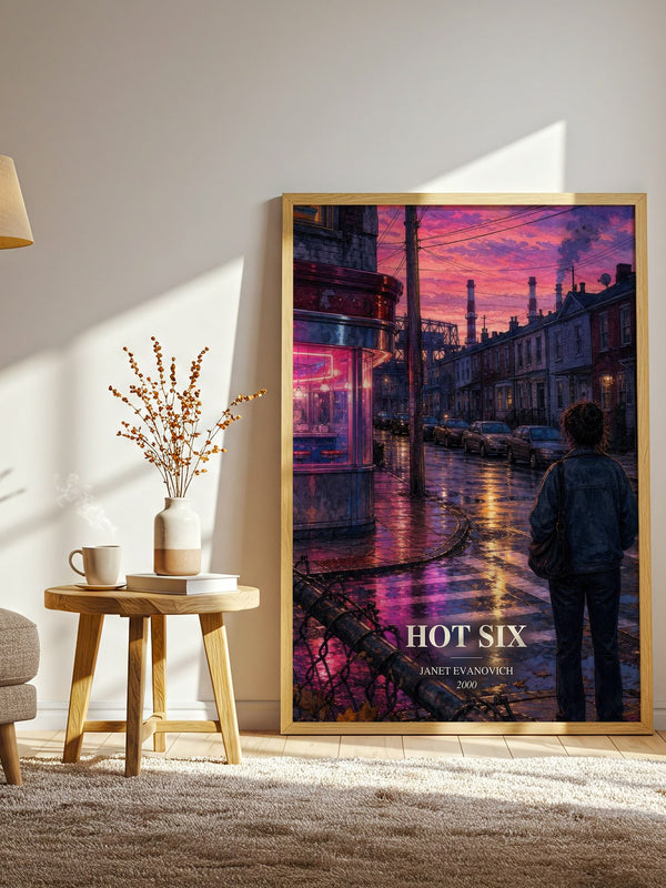 Hot Six watercolour print in frame leaning in hallway – mystery wall art