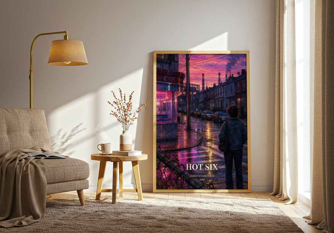 Hot Six watercolour print in frame leaning in hallway – mystery wall art (mockup)