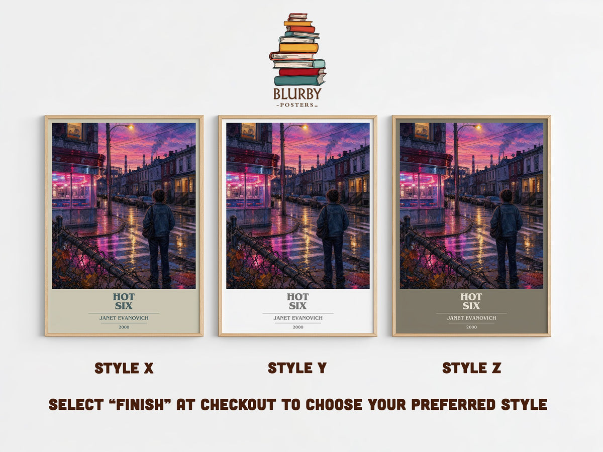 Hot Six book cover print in frame leaning in hallway – mystery wall art (mockup)