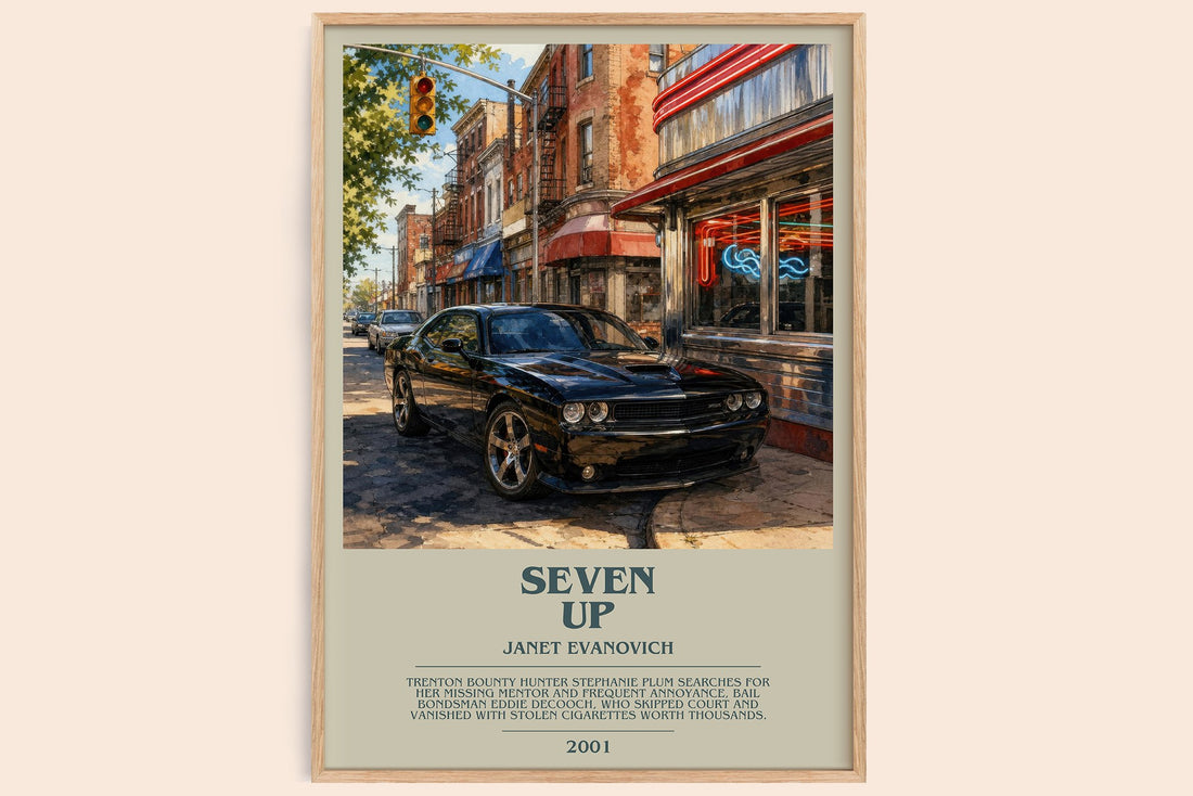 Seven Up bookish book poster by Janet Evanovich – framed literary art print