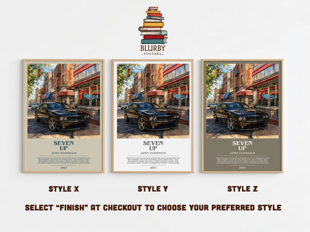 Seven Up bookish print in frame leaning in hallway – mystery wall art (mockup)