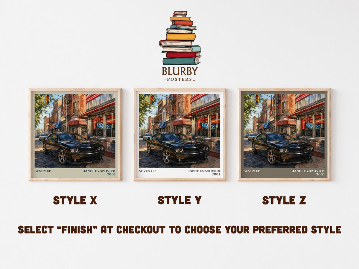 Seven Up literary print in frame leaning in hallway – mystery wall art (mockup)