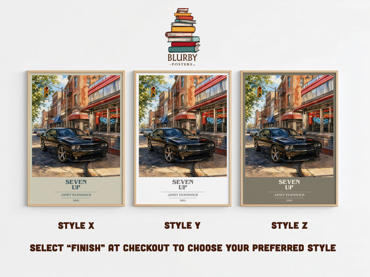 Seven Up book cover print in frame leaning in hallway – mystery wall art (mockup)