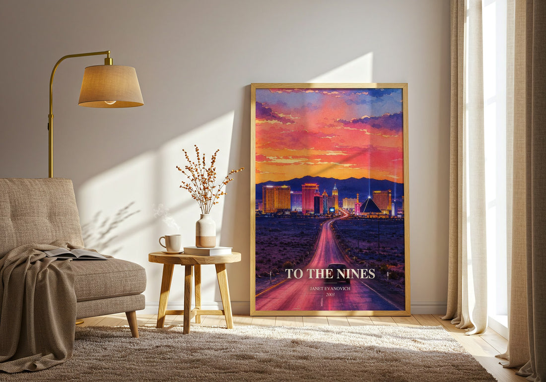To the Nines watercolour print in frame leaning in hallway – mystery wall art (mockup)